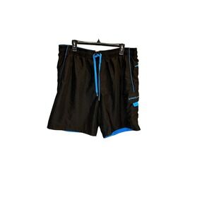 Speedo Mens Swim Trunks Large Black Blue Cargo Pocket Mesh Lined Board Shorts